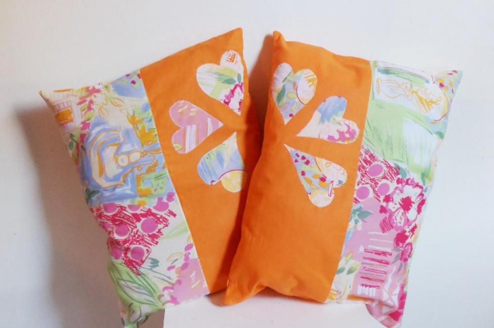 2 Orange Decorative Cover For Pillows "colorful Hearts" - 19 X 14 Inch